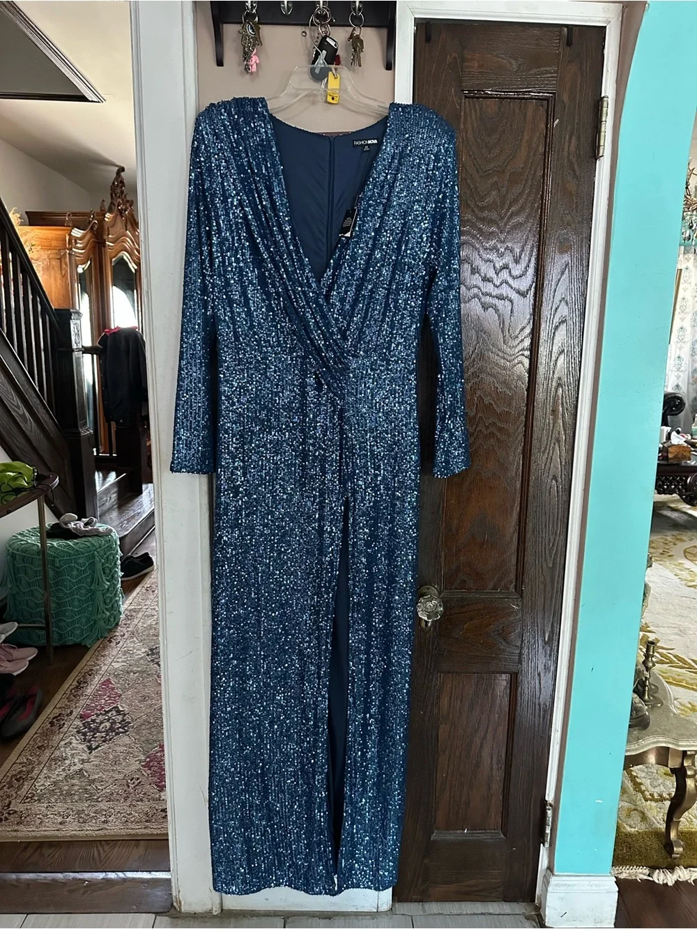 Fashion Nova Navy Blue Sequin Wrap-Style Maxi Dress